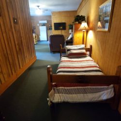 Wood-paneled room with a twin bed, a lamp, and a framed picture. In the background, a TV and chairs are visible.