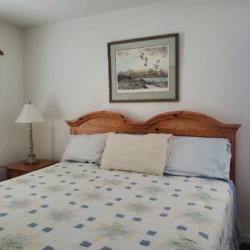 Bedroom with wooden headboard, a neatly made bed with patterned quilt, two bedside tables with lamps, and wall art.
