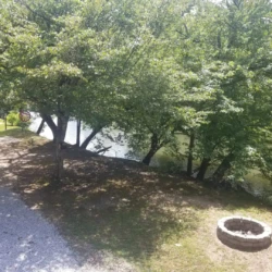 A grassy area with a fire pit near a tree-lined river under a sunny sky. Gravel is visible on the left side.