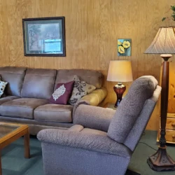 A cozy living room features a brown sofa, recliner, wooden cabinet, two table lamps, a floor lamp, and framed wall art.