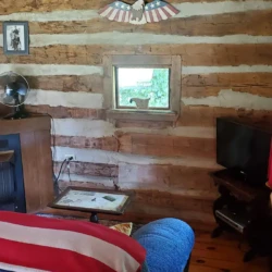 Cozy log cabin interior with a small window, television, electric fireplace, and a couch draped with an American flag-themed blanket.