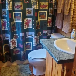 A small bathroom with a patterned shower curtain, sink, and toilet. Two towels hang on the wall, with rugs on the wooden floor.