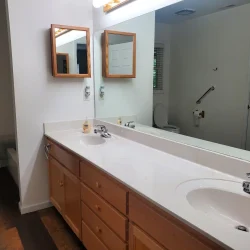 Bathroom with double sink vanity, wooden cabinets, large mirror, and visible toilet in the background.