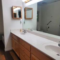 Bathroom with double sink vanity, wooden cabinets, large mirror, and visible toilet in the background.
