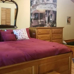 Bedroom with a large bed, red comforter, floral pillows, wooden walls, dresser, jacuzzi, and wall decor reading "Love" and "Dream.