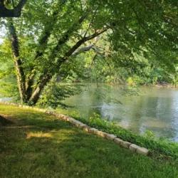 A calm river flows beside a grassy area with a stone edge and trees providing shade on a sunny day.