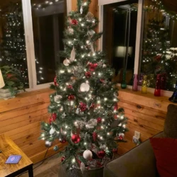 A decorated Christmas tree with red and white ornaments and lights in a cozy room with wooden walls and large windows.