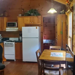 Cozy cabin interior with wooden walls, a kitchen, small dining table, refrigerator, stove, and a view into the bedroom.