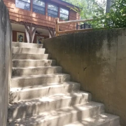 Concrete stairs leading up to a wooden building with a porch, surrounded by trees and dappled sunlight.