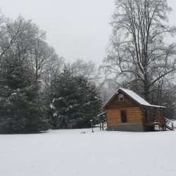 A small wooden cabin surrounded by snow-covered trees and ground in a winter landscape.