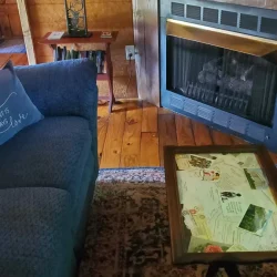 Cozy living room with a navy sofa, wooden side table, decorative lamp, and stone fireplace on a patterned rug.