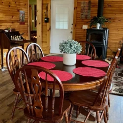 A wooden dining table with six matching chairs, red placemats, and a potted plant centerpiece in a cozy, wood-paneled room.