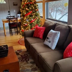 Living room with a decorated Christmas tree, brown sofa with festive pillows, and a wooden table and chairs in the background.
