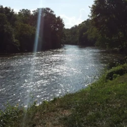 A sunlit river flows gently between green, tree-lined banks with a beam of sunlight reflecting on the water's surface.