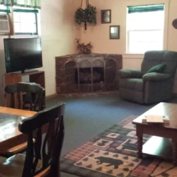 A cozy living room with a TV, armchair, stone fireplace, wooden table, and patterned rug. Natural light from two windows.