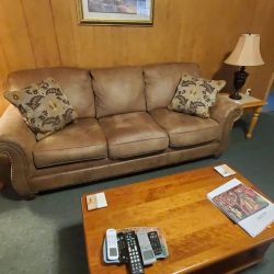 Living room with a brown sofa, two decorative pillows, a wooden coffee table with remotes and magazines, and a lamp.