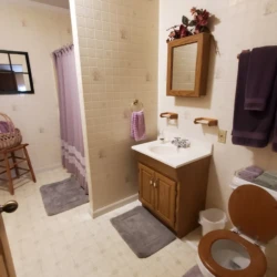 A bathroom with light-colored tiles, a wooden cabinet, purple accents, a mirror, and a closed toilet seat.