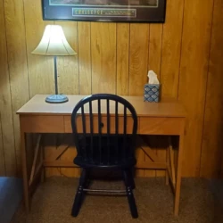 Wooden desk with a lamp, black chair, and tissue box against a wood-paneled wall, beneath a framed landscape picture.