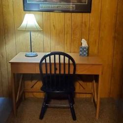 Wooden desk with a lamp, black chair, and tissue box against a wood-paneled wall, beneath a framed landscape picture.